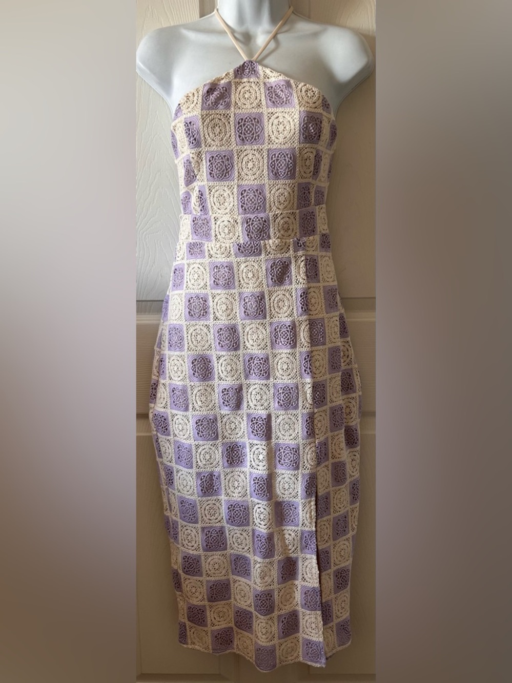 FORE COLLECTION Lilac/Cream Checkered Crochet Halter Dress Spring Wedding Guest‎ - Picture 2 of 13
